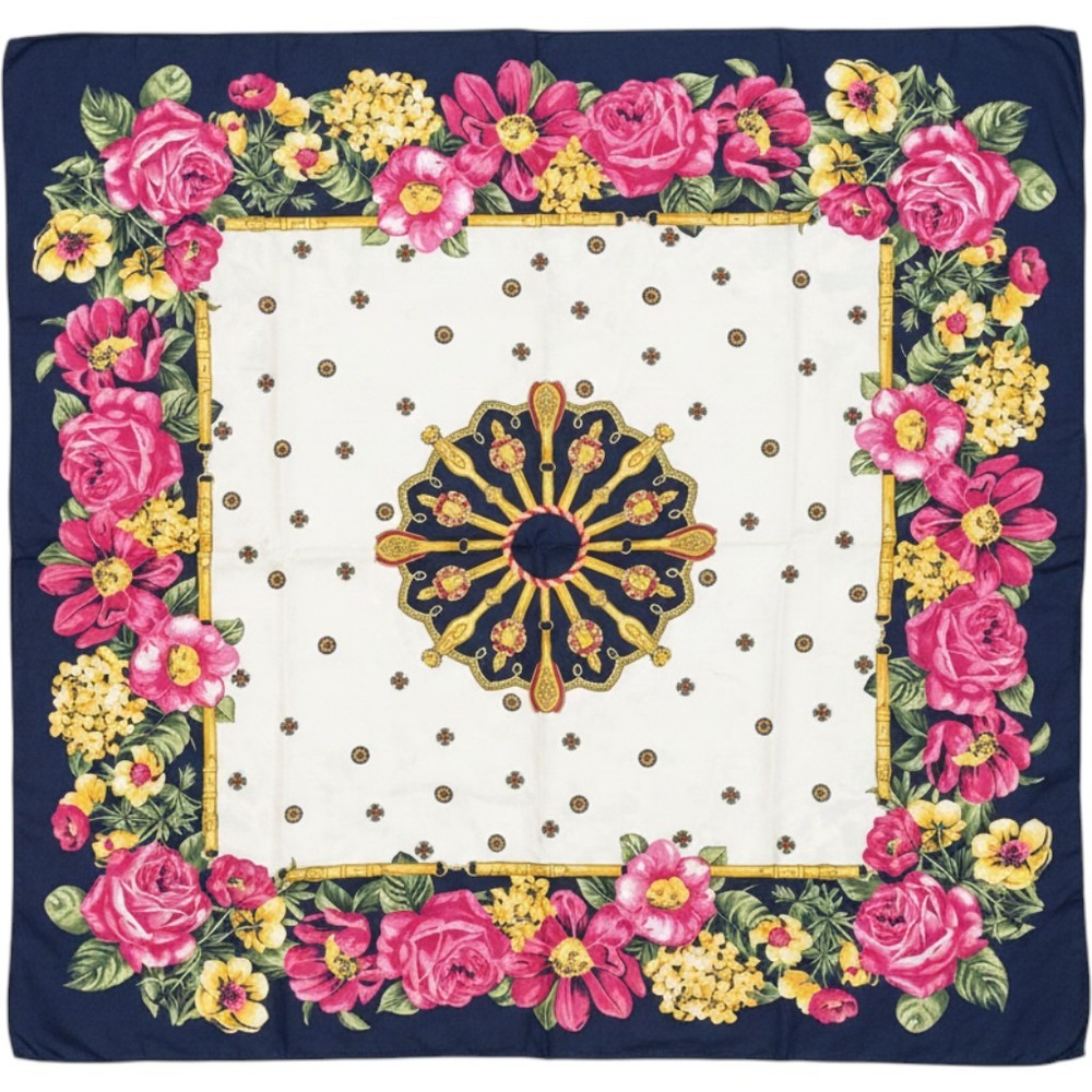 Made in Italy Floral Belt Medallion Square Scarf Navy Pink Gold Polyester